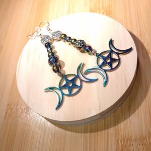 Electroplated Rainbow Triple Moon And Pentagram Dangle Earrings